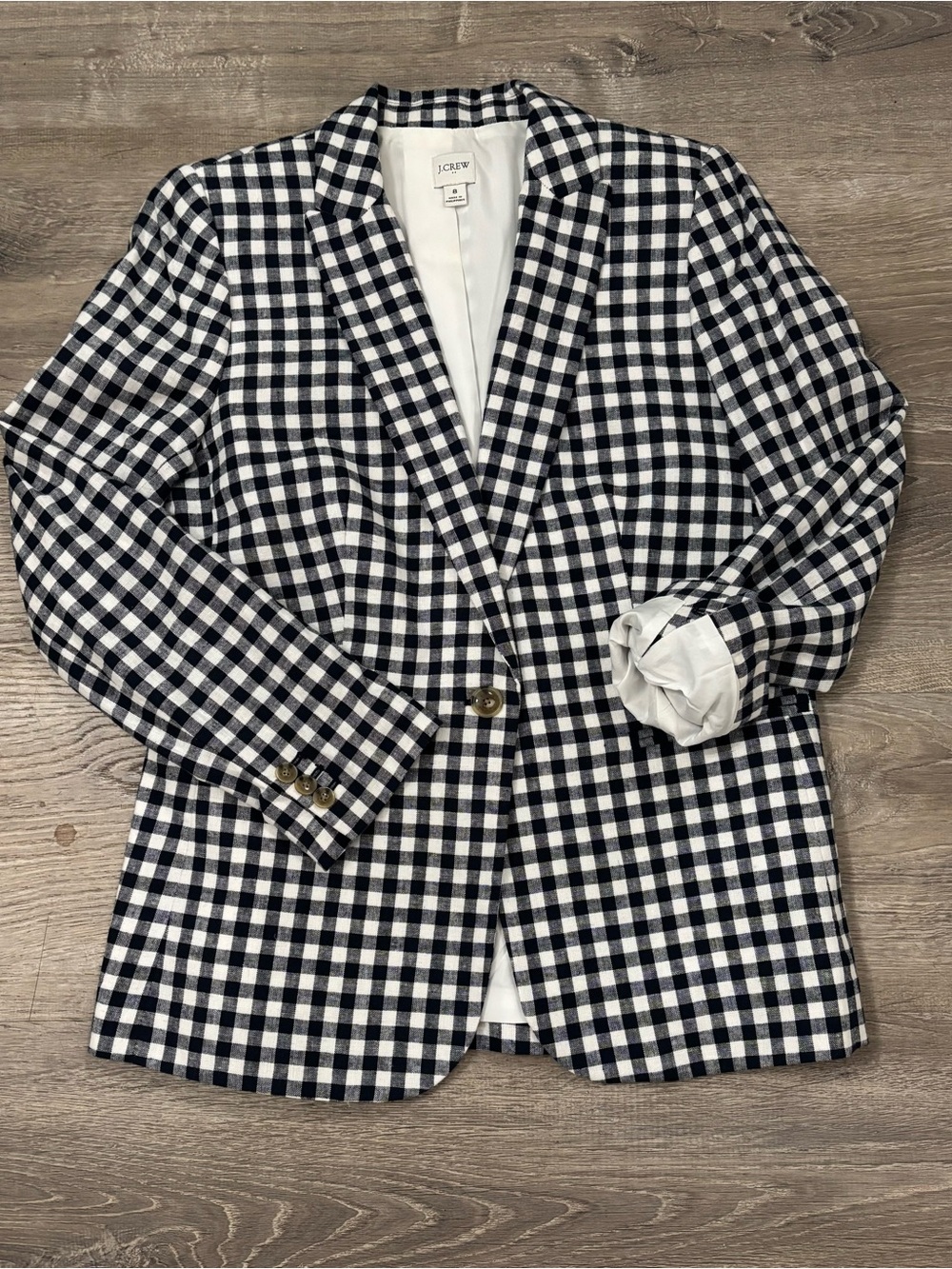 J. Crew Factory Linen Cotton Blend Navy & White Gingham Blazer Size 8